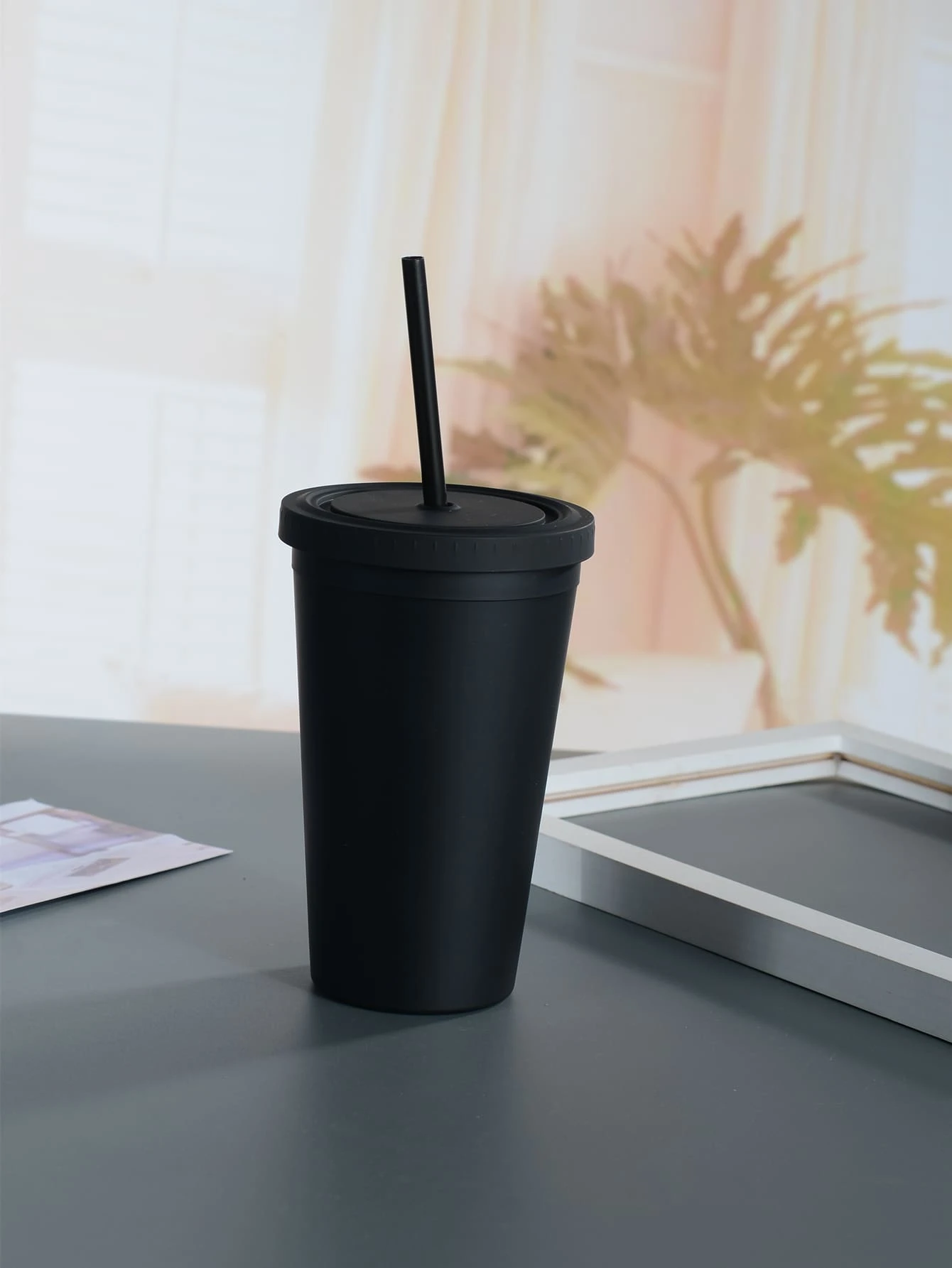 1入組450ml塑膠簡約黑色吸管杯子 - 黑色 - 查看 1