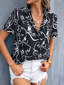 SHEIN LUNE Áo sơ mi nữ Nút phía trước Con số Giải trí - màu đen - Xem 1