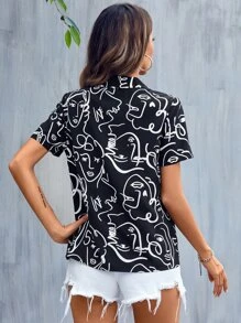 SHEIN LUNE Áo sơ mi nữ Nút phía trước Con số Giải trí - màu đen - Xem 2