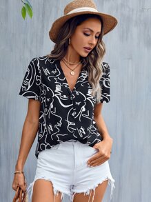 SHEIN LUNE Áo sơ mi nữ Nút phía trước Con số Giải trí - màu đen - Xem 3