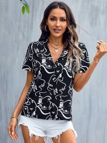 SHEIN LUNE Áo sơ mi nữ Nút phía trước Con số Giải trí - màu đen - Xem 4