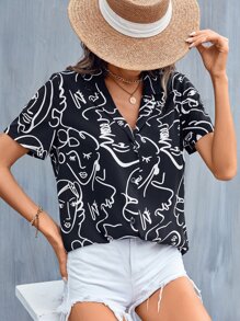 SHEIN LUNE Áo sơ mi nữ Nút phía trước Con số Giải trí - màu đen - Xem 6