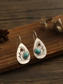 Turquoise Decor Flower Hollow Out Stud Earrings