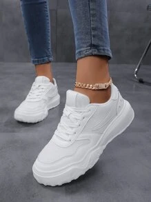 Glow In The Dark Patch Decor Lace-up Front Running Shoes - White - View 1