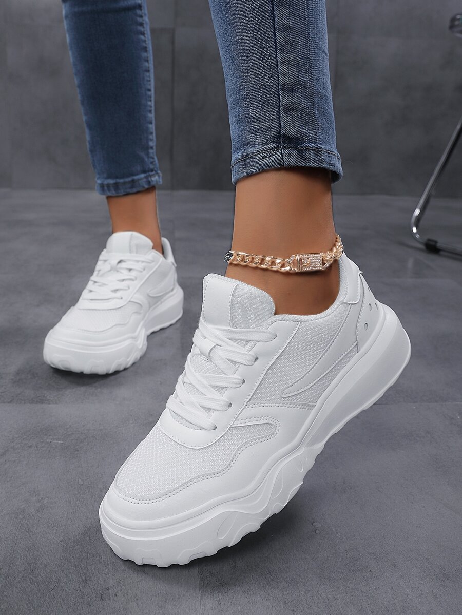 Glow In The Dark Patch Decor Lace-up Front Running Shoes - White - View 1