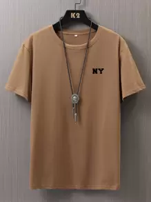 Manfinity Homme 男士T恤合身短袖圓領紐約圖案休閒夏季聚酯纖維 - 棕色 - 查看 1