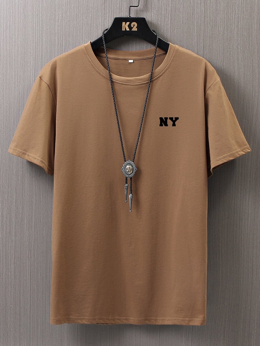 Manfinity Homme 男士T恤合身短袖圓領紐約圖案休閒夏季聚酯纖維 - 棕色 - 查看 1