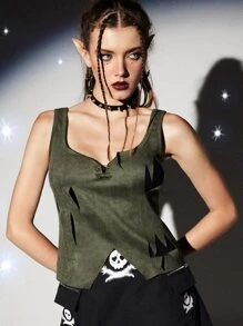 ROMWE Solid Ripped Tank Top - Army Green - View 1
