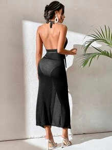 Halter Neck Backless Tie Side Cover Up Dress Without Bikini Panty, For Summer Beach Vacation - Black - View 2