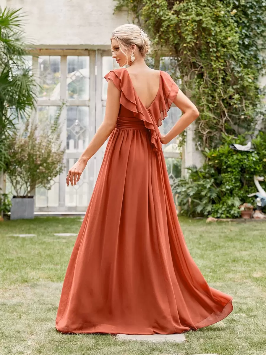 Ruched Layered Ruffle Trim Maxi Bridesmaid Dress Elegant Dress - Rust - View 1