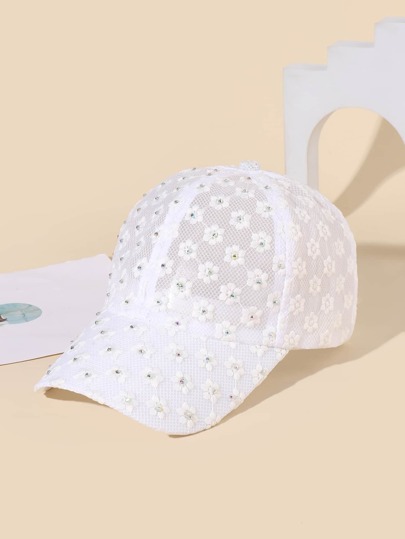 1pc Elegant Women Floral Embroidered Rhinestone Decor Baseball Cap Boho