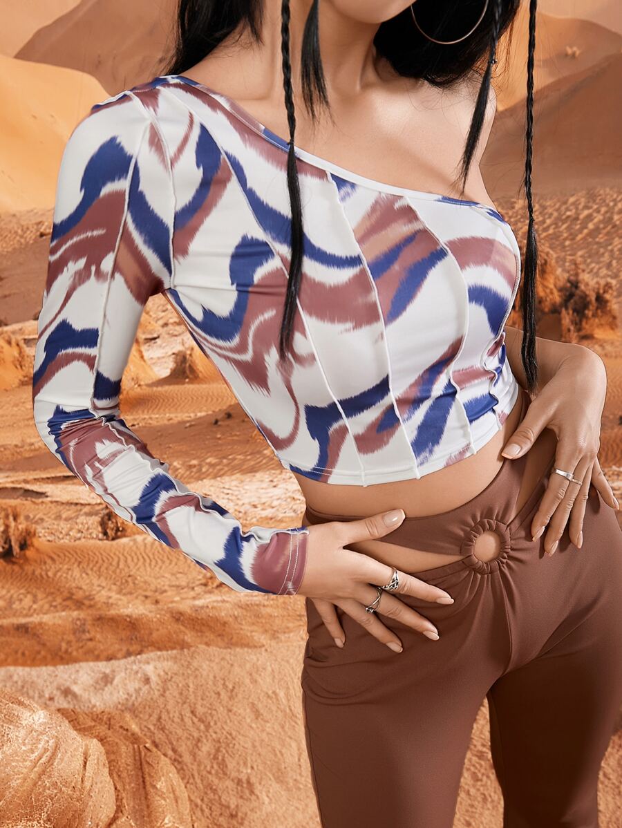 Western Allover Print One Shoulder Crop Top - White - View 1