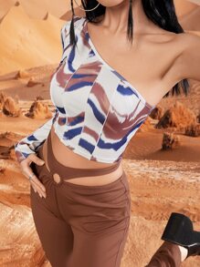 Western Allover Print One Shoulder Crop Top - White - View 3