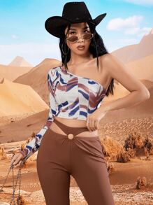 Western Allover Print One Shoulder Crop Top - White - View 7