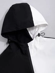 Manfinity Hombres Abrigo con capucha de dos tonos de hombros caídos con cordón cremallera sin camiseta - Blanco y Negro - Ver 4