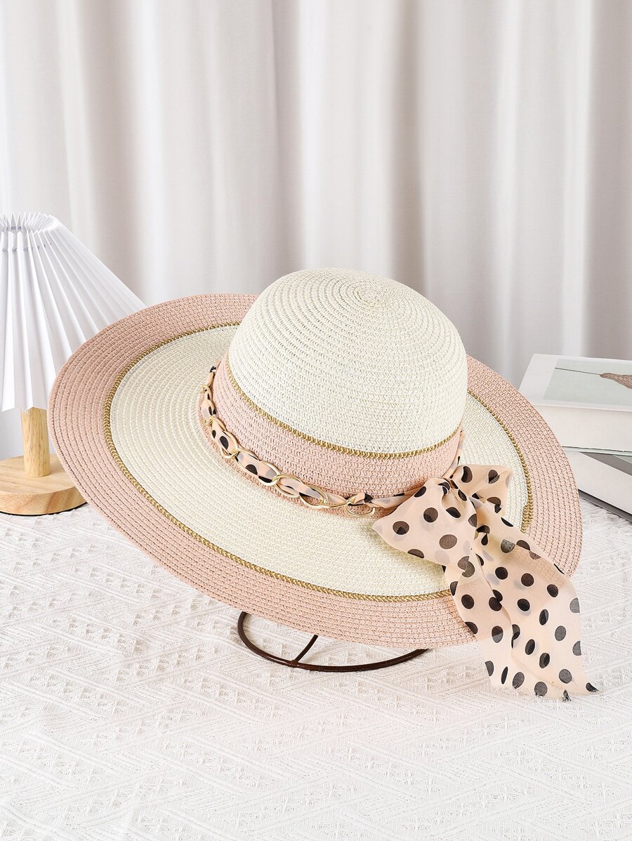 Polka Dot Print Bow & Chain Decor Straw Hat - Multicolor - View 1