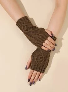 Cable Knit Fingerless Gloves - Brown - View 1