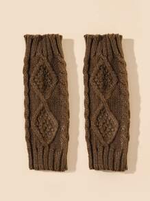 Cable Knit Fingerless Gloves - Brown - View 3