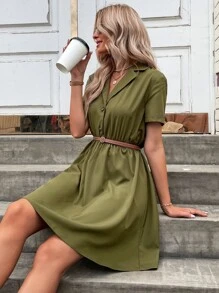 SHEIN Unity Vestido camisero unicolor con botón delantero sin cinturón - Verde militar - Ver 3