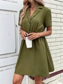 SHEIN Unity Vestido camisero unicolor con botón delantero sin cinturón - Verde militar - Ver 4