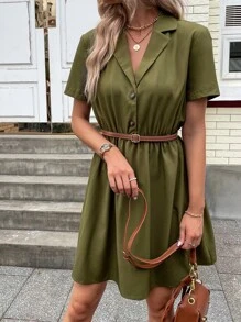 SHEIN Unity Vestido camisero unicolor con botón delantero sin cinturón - Verde militar - Ver 5