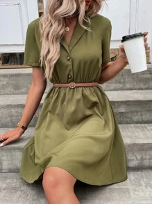 SHEIN Unity Vestido camisero unicolor con botón delantero sin cinturón - Verde militar - Ver 6