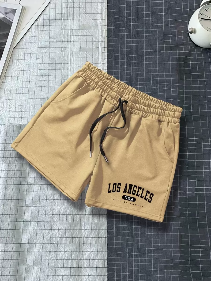 Manfinity Hypemode Men Letter Graphic Drawstring Waist Shorts - Khaki - View 1
