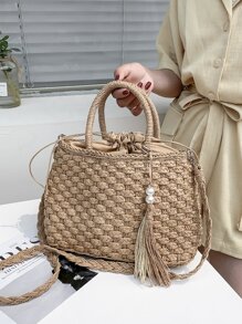 Túi rơm trang trí tua rua và ngọc trai giả, hoàn hảo cho kỳ nghỉ du lịch bãi biển mùa hè - Màu Khaki - Xem 6