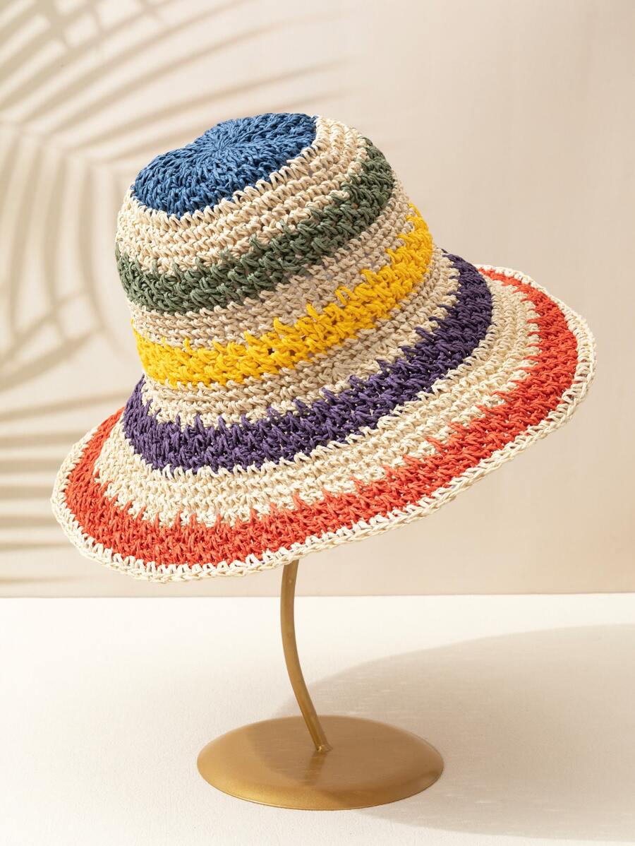 1pc Women Multi-Color Stripe Cute Crochet Straw Hat For Summer, Spring, Holiday - Multicolor - View 1
