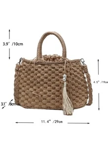 Túi rơm trang trí tua rua và ngọc trai giả, hoàn hảo cho kỳ nghỉ du lịch bãi biển mùa hè - Màu Khaki - Xem 3