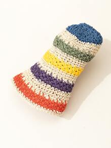 1pc Women Multi-Color Stripe Cute Crochet Straw Hat For Summer, Spring, Holiday - Multicolor - View 3
