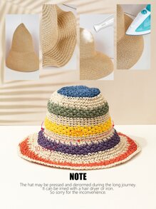 1pc Women Multi-Color Stripe Cute Crochet Straw Hat For Summer, Spring, Holiday - Multicolor - View 5