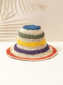 1pc Women Multi-Color Stripe Cute Crochet Straw Hat For Summer, Spring, Holiday - Multicolor - View 2