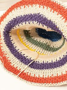 1pc Women Multi-Color Stripe Cute Crochet Straw Hat For Summer, Spring, Holiday - Multicolor - View 4