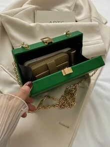 1pc Green Faux Pearl Handle Mini Square Bag With Chain Strap, Magenta PU Solid Color Box Style Bag, Fashionable Foil Letter Closure Small Case Suitable For Gift - Green - View 9
