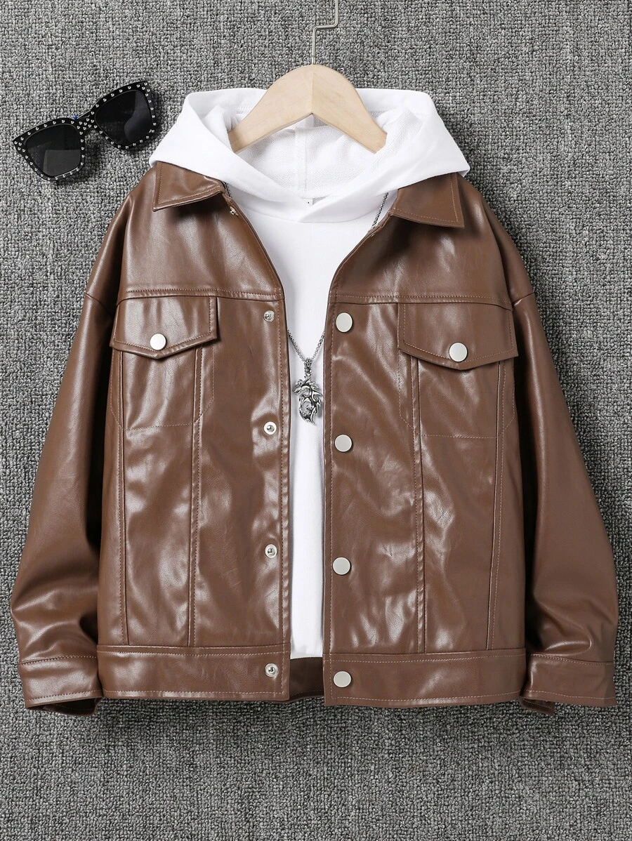 Niños Cazadora de hombros caídos con botón sin capucha - Café integral - Ver 1