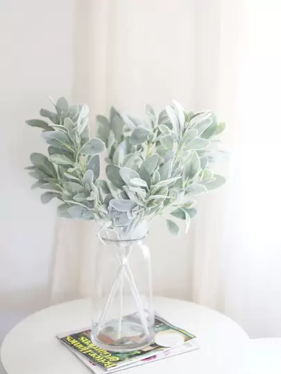 1支仿真羊耳草茎，植绒人造植物，仿真叶子，假兔耳叶，适用于家居婚礼DIY工艺花艺布置、仿真植物、秋季装饰、房间装饰、书桌装饰、花园装饰、房间装饰用品、情人节礼物、生日礼物、毕业礼物