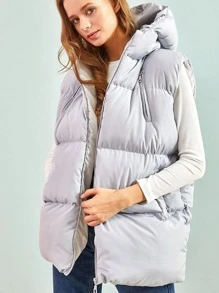 EURMUSE Slant Pocket Zip Up Hooded Puffer Vest Coat - Light Grey - View 1