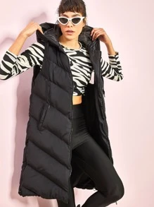 RueChic Slant Pocket Drawstring Hooded Puffer Vest - Black - View 1