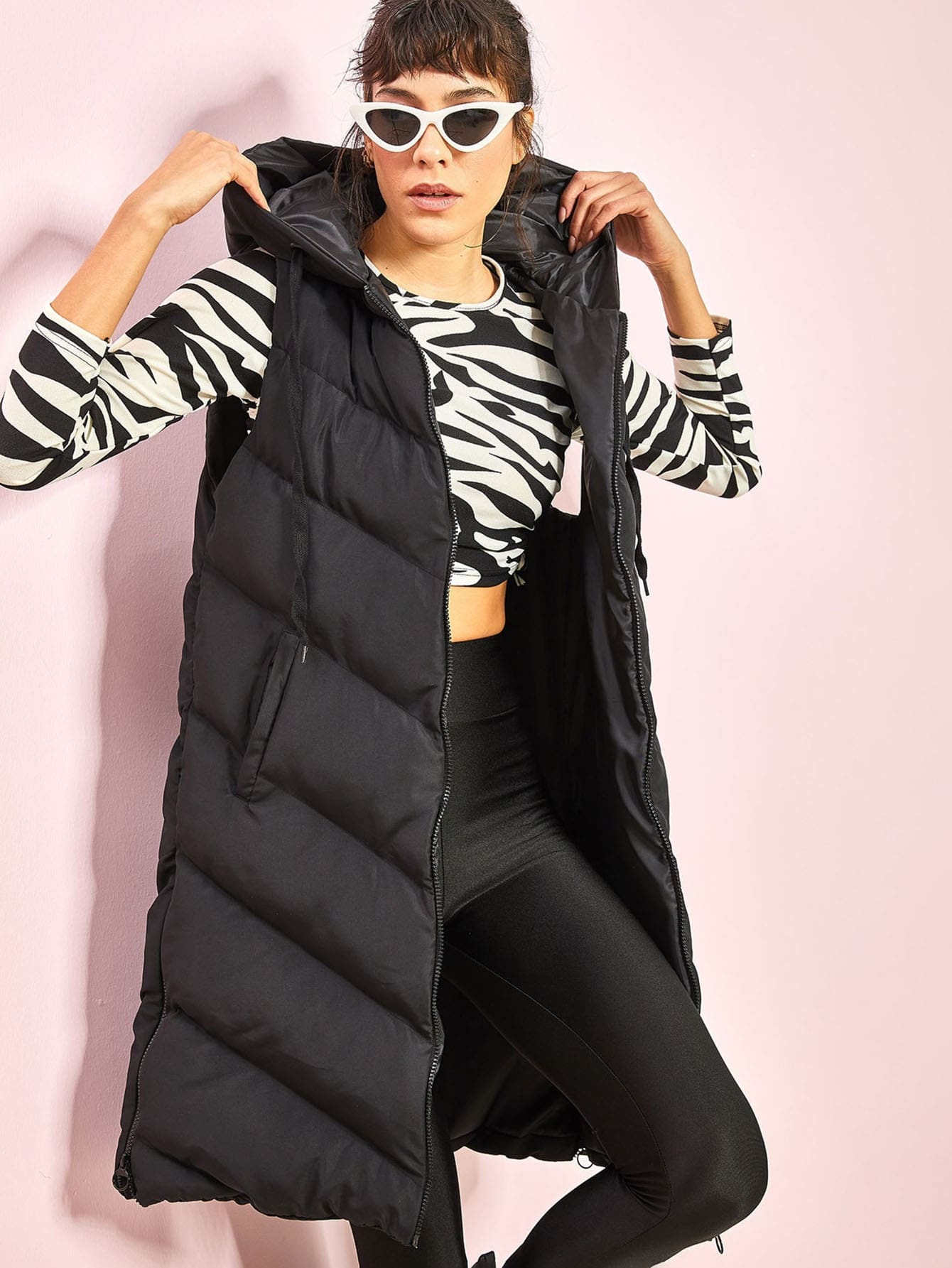 RueChic Slant Pocket Drawstring Hooded Puffer Vest - Black - View 1