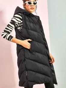 RueChic Slant Pocket Drawstring Hooded Puffer Vest - Black - View 2