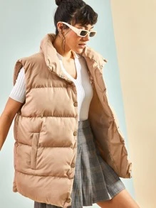 RueChic Slant Pocket Button Front Vest Puffer Coat - Khaki - View 1