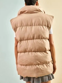 RueChic Slant Pocket Button Front Vest Puffer Coat - Khaki - View 2