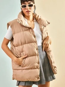 RueChic Slant Pocket Button Front Vest Puffer Coat - Khaki - View 4