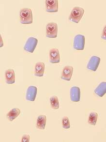 Instantly Upgrade Your Look with 24pcs Short Square Purple Blush Heart Fake Nail & 1pc Nail File & 1sheet Tape - Multicolor - View 4