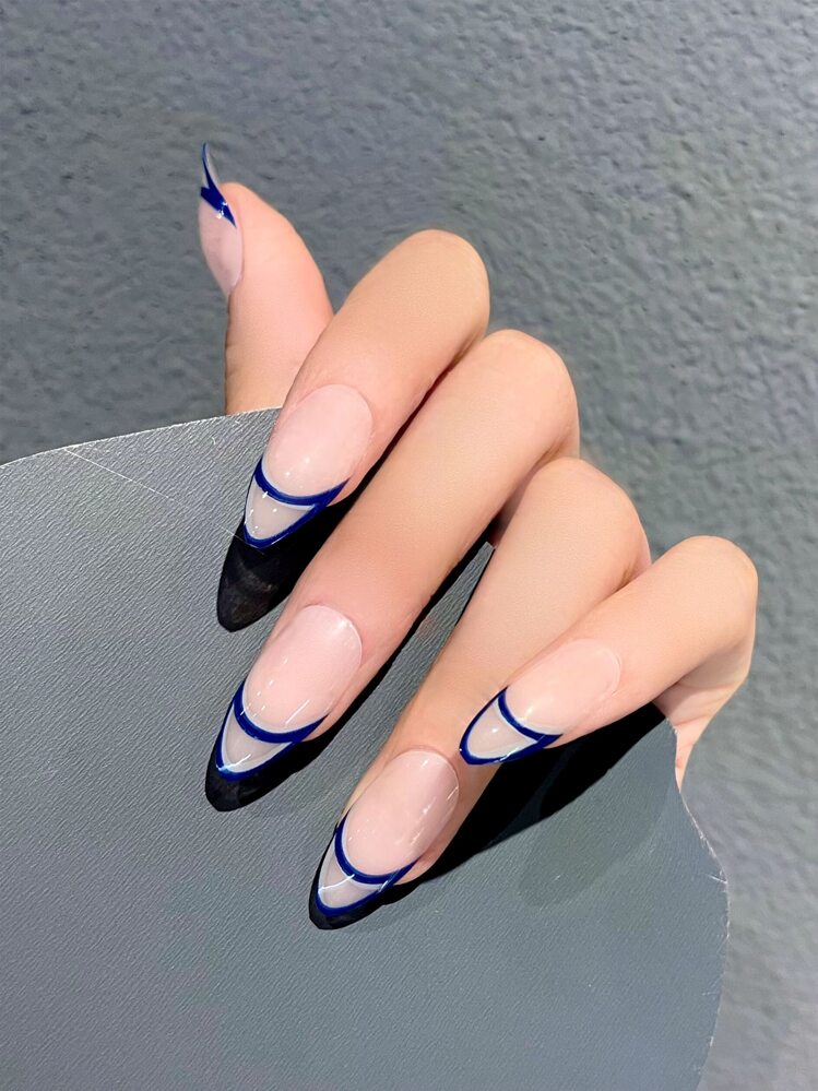Elevate Your Style with 24pcs Long Stiletto Blue Striped Minimalist Fake Nail & 1pc Nail File & 1sheet Tape - Multicolor - View 1
