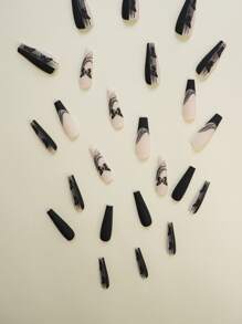 Get Glamorous With 24Pcs Long Coffin Fake Nail & 1Pc Nail File & 1Sheet Tape Press On Nails Nail Supplies Nails - Multicolor - View 3