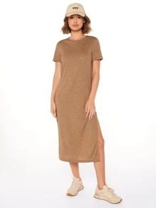 SHEIN LUNE 高開衩素色連衣裙 - 棕色 - 查看 1