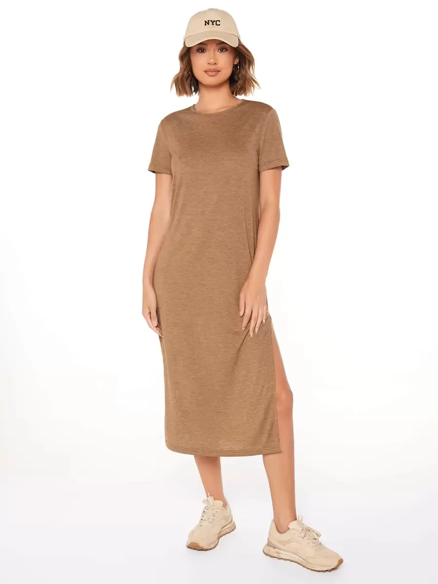 SHEIN LUNE 高開衩素色連衣裙 - 棕色 - 查看 1