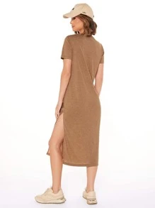 SHEIN LUNE 高開衩素色連衣裙 - 棕色 - 查看 2